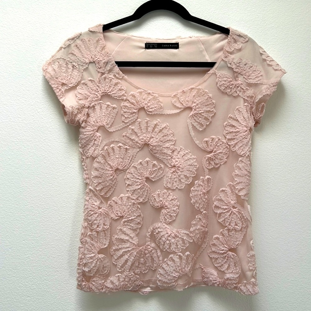 Zara Basics Light pink Floral Ribbon Short Sleeve Scoop Neck Top